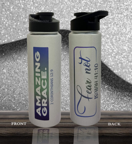 Amazing Grace 2 corinthians 12 verse 9 and Fear Not Isaiah 41 10 Bible verse silver shining Sports Bottle