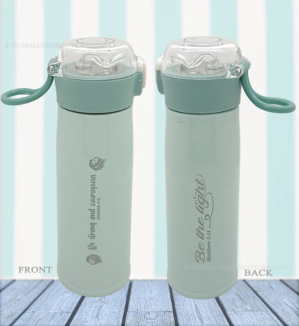 Be Strong and courageous Joshua 1 verse 9 and Be the Light Bible verse Kids flask Green