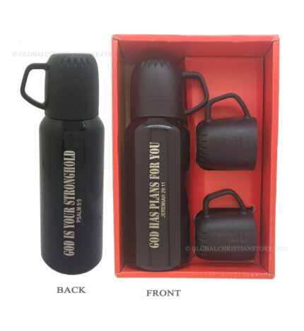 God is your stronghold and God has plans for you Bible verse Christian gift flask set