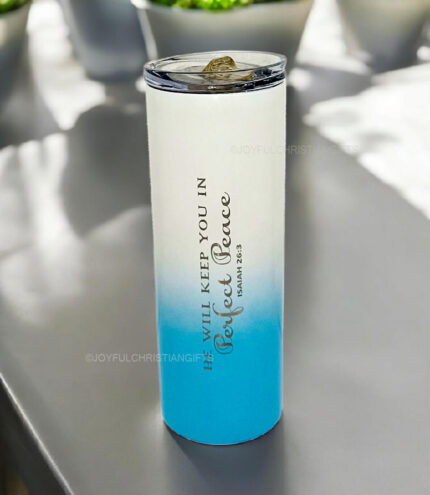 He will keep you in Perfect Peace Isaiah 26 verse 3 and His Love is Poured into us Christian Table top Bottle