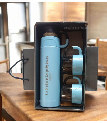 I am Delighted to give you my Kingdom Luke 12 verse 32 and Your gentleness made me great 2 Samuel 22 verse 36 Premium Flask set with Bible verse (skyblue)
