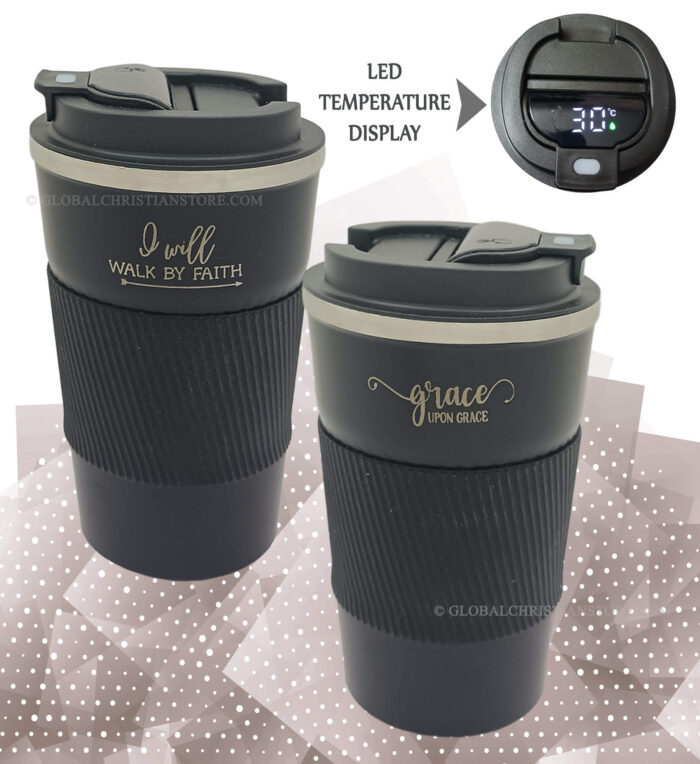 I will walk by Faith and Grace upon Grace Led Temperature Display Christian Travel Mug - Image 2
