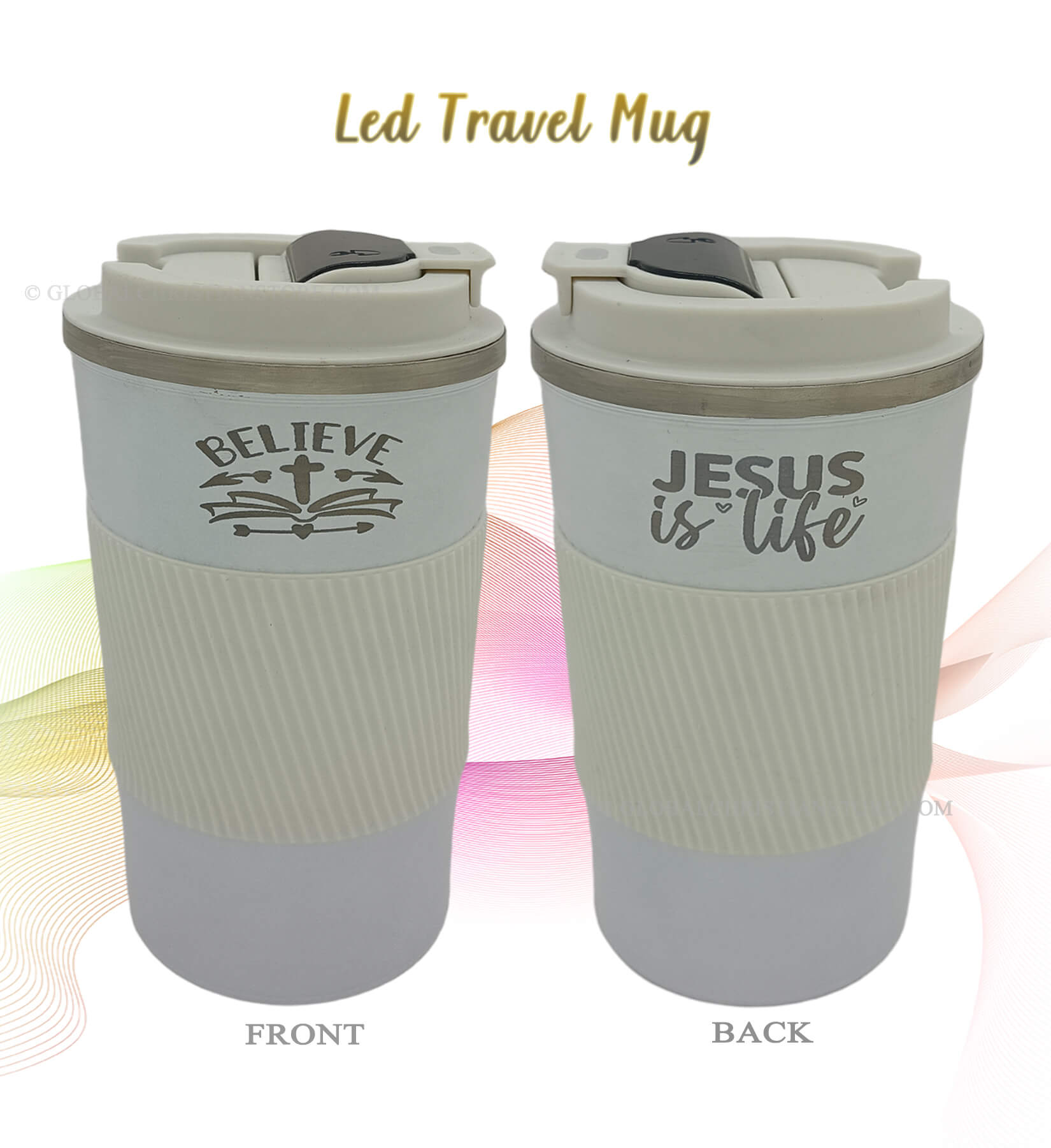 Jesus is Life and Believe Bible verse LED travel Mug