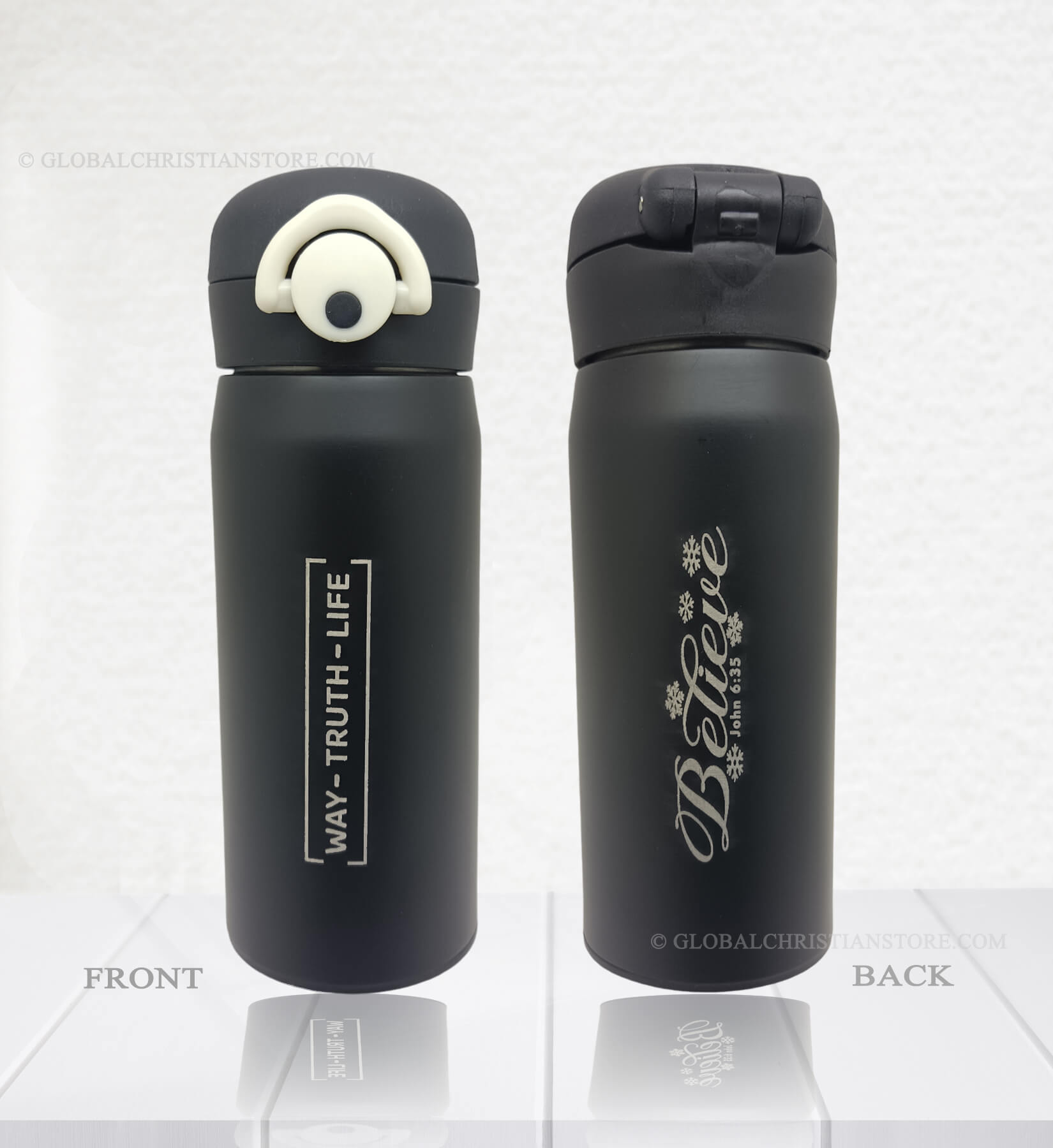 John 6 verse 35 Believe and Way Truth Life Christian Kids Flask