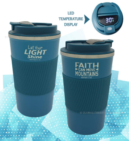 Let your Light Shine and Faith can move Mountains Christian Travel Mug with LED temperature display