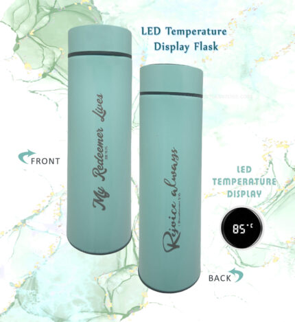 My Redeemer Lives Job 19 verse 25 and Rejoice Always Bible verse printed LED flask with temerature display