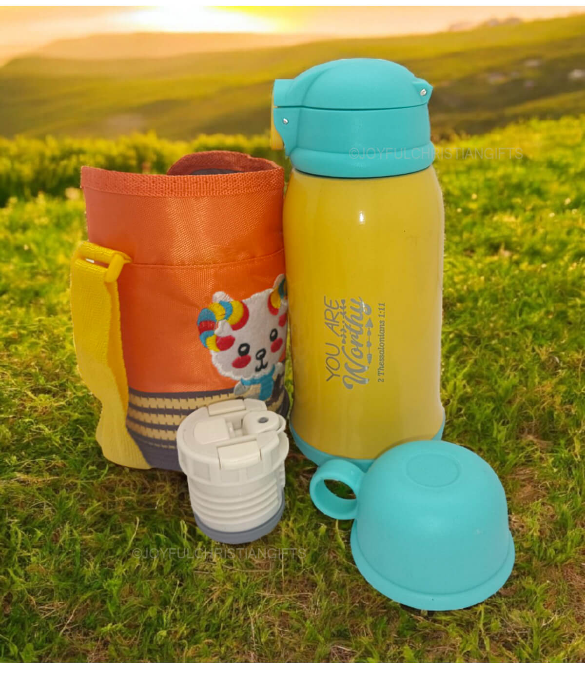 You are Worthy 2 Thesalonians 1 verse 11 and Made to Worship Christian Dual Lid Flask with Bag You are Worthy 2 Thesalonians 1 verse 11 and Made to Worship Christian Dual Lid Flask with Bag