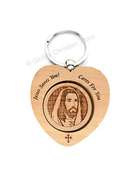 Jesus Saves You. Cares for you with Engraved Images Wooden Rotating Keychain (Assorted Images)