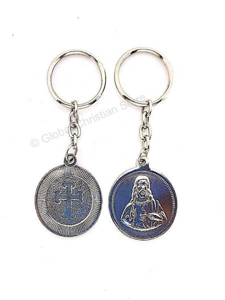 Jesus and Cross Metal Christian Keychain Silver Color