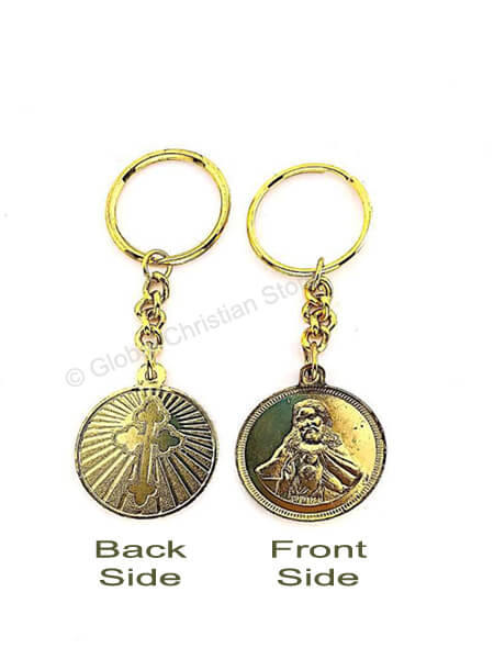 Jesus and Cross Metal Christian Keychain Golden Color