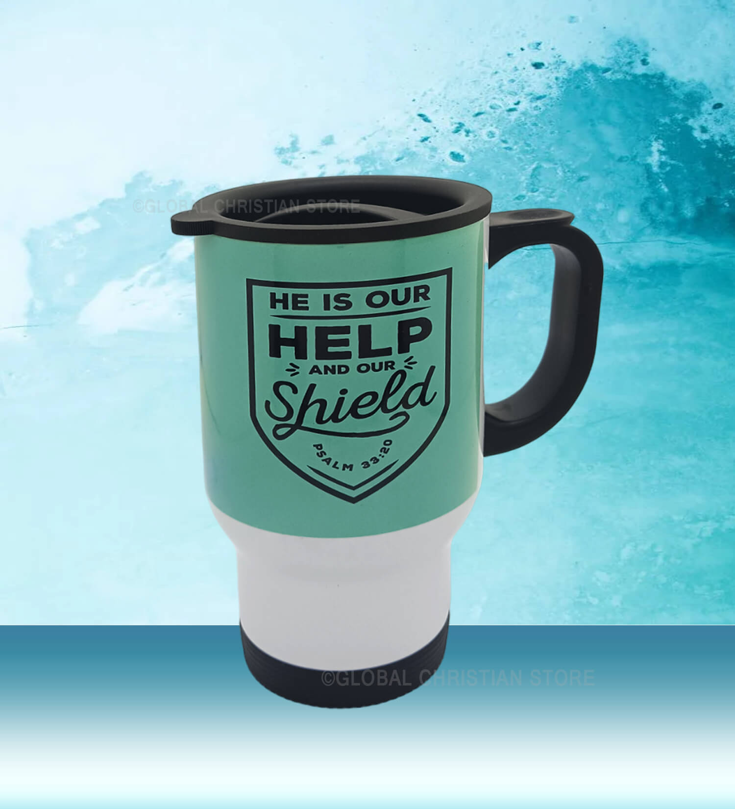 King of Kings and He is our Help and Refuge Travel mug with Bible verse