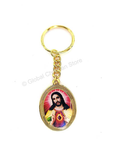 Oval Shaped Metal Keychain with Jesus Image