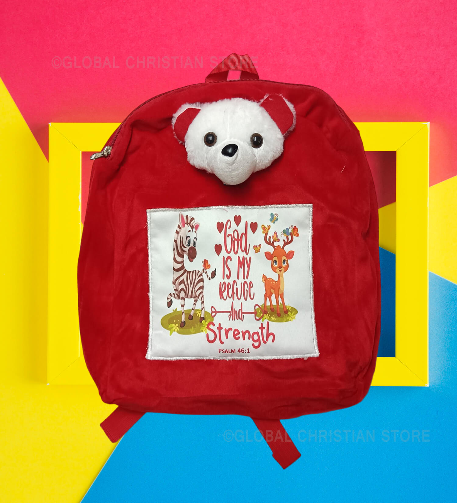 Red Color God is my Refuge and My Strength Bible verse printed kids bag