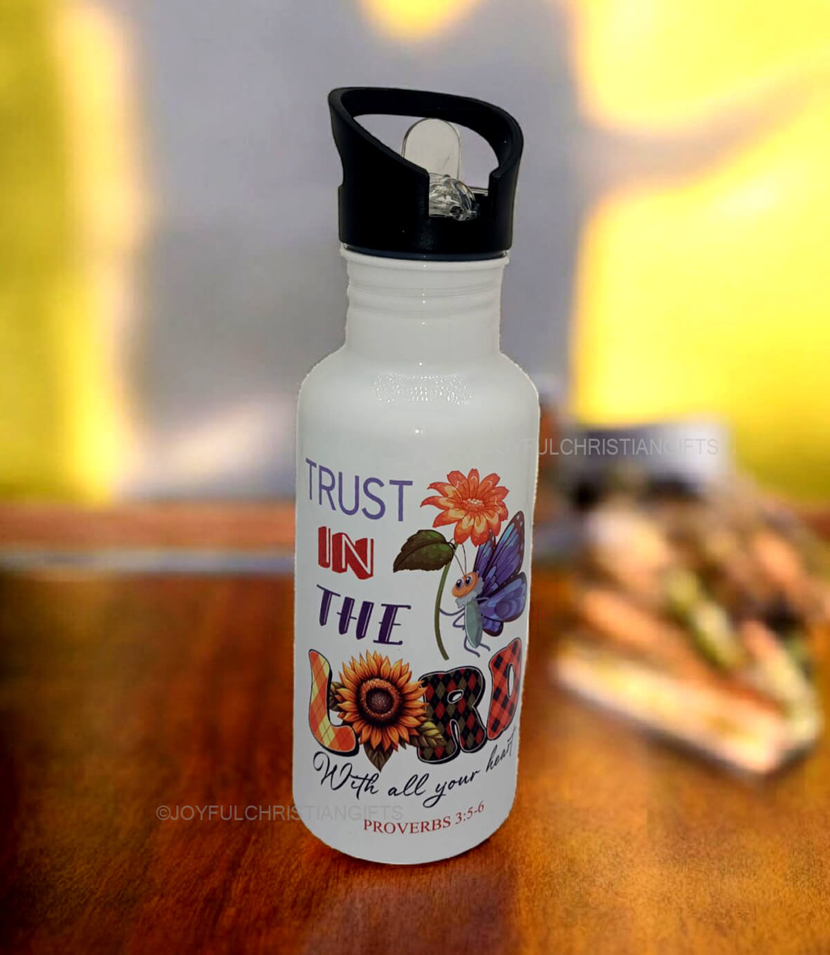 Trust in the Lord with all your Heart Proverbs 3 5 to 6 and Be the Light Matthew 5 14 Christian Nozzle Bottle with Straw