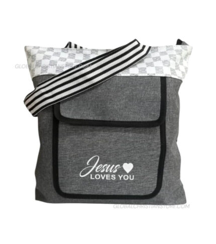 Jesus Loves You Grey & White Ladies Handbag With Bible Verse