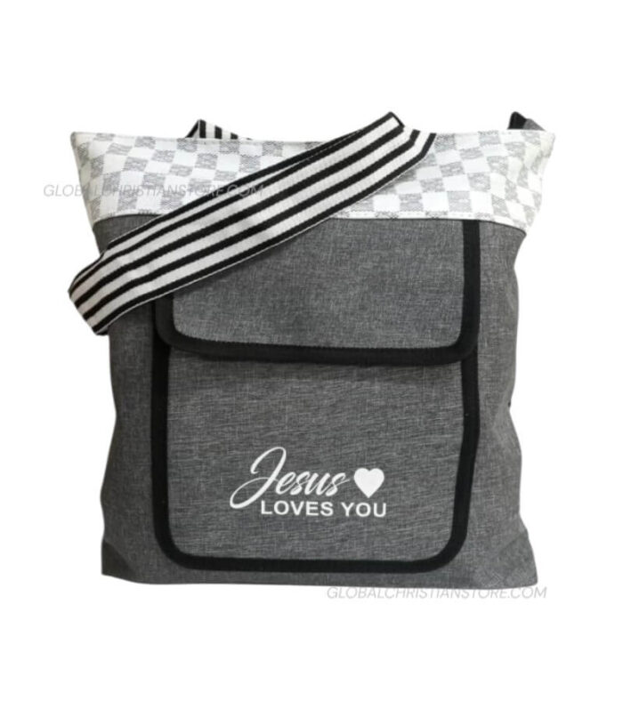 Jesus Loves You Grey & White Ladies Handbag With Bible Verse